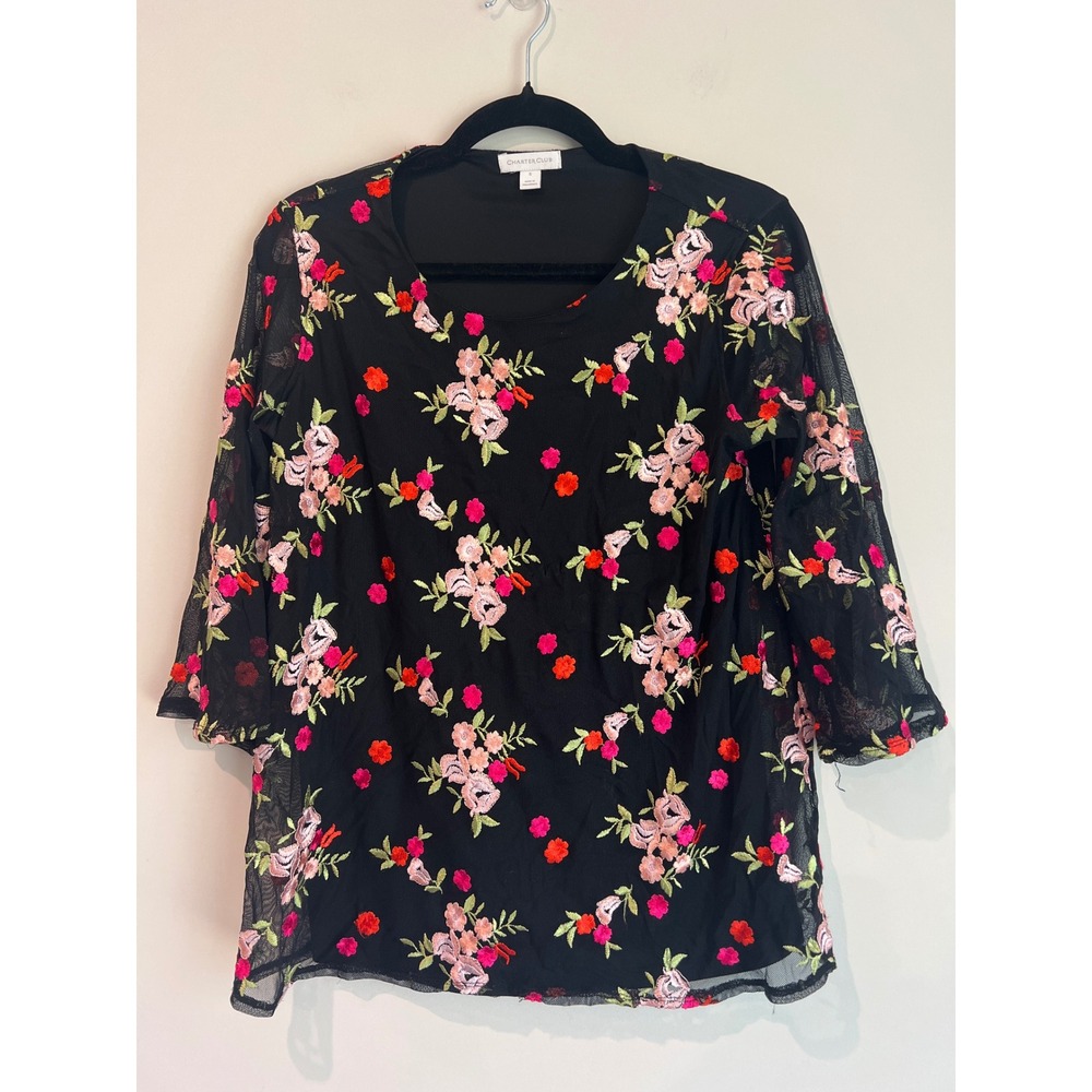 Charter Club Black Embroidered Floral 3/4 Sheer Sleeve Mesh Overlay Blouse Top S